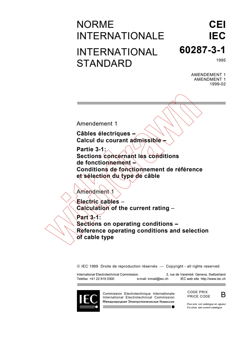 IEC 60287-3-1:1995/AMD1:1999 - Amendment 1 - Electric cables - Calculation of the current rating - Part 3: Sections on operating conditions - Section 1: Reference operating conditions and selection of cable type
Released:2/23/1999
Isbn:2831847001