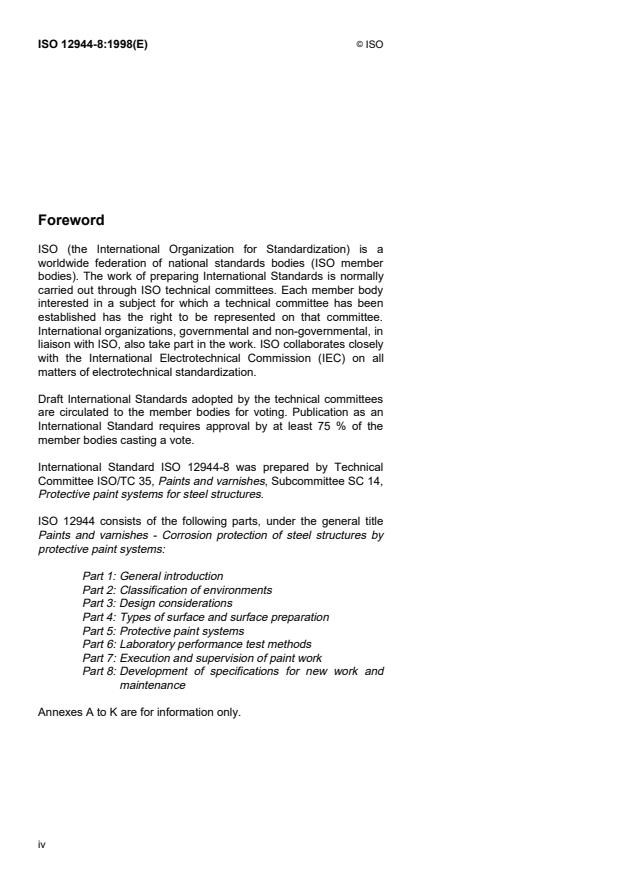 ISO 12944-8:1998 ISO 12944-8:1998 - Paints and varnishes -- Corrosion protection of steel structures by protective paint systems - Page 4 preview