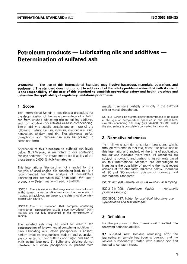 ISO 3987:1994 - Petroleum products -- Lubricating oils and additives -- Determination of sulfated ash