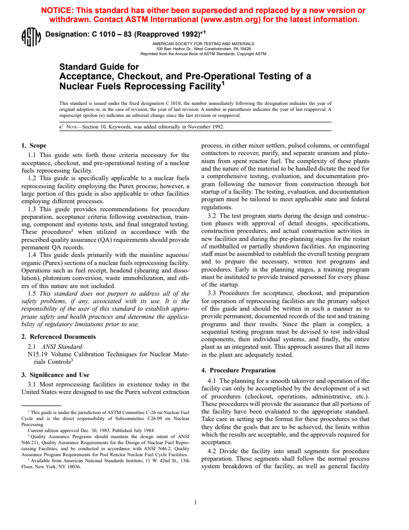 ASTM C1010-83(1992)e1 - Standard Guide for Acceptance, Checkout, and Pre-Operational Testing of a Nuclear Fuels Reprocessing Facility (Withdrawn 2001)