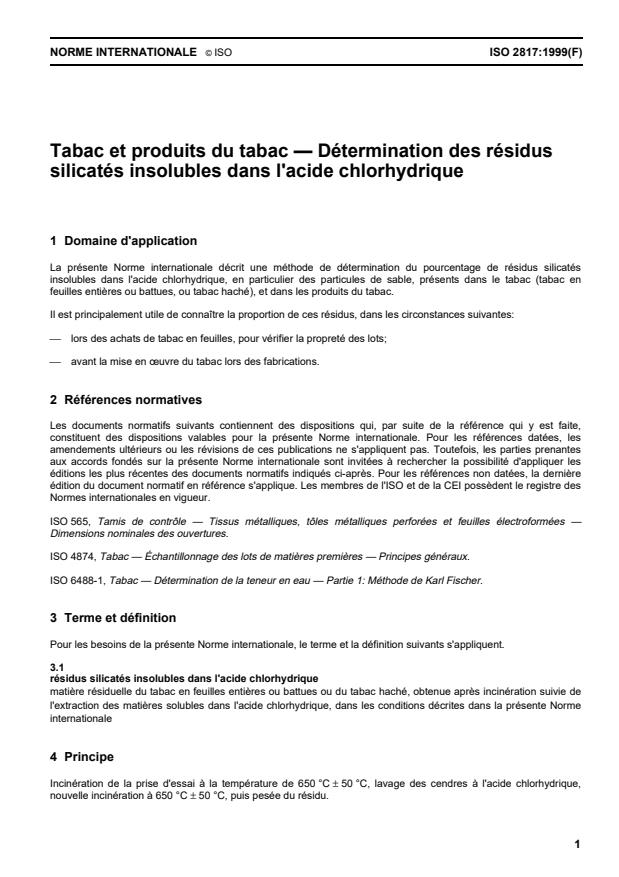 ISO 2817:1999 - Tabac et produits du tabac -- Détermination des résidus silicatés insolubles dans l'acide chlorhydrique