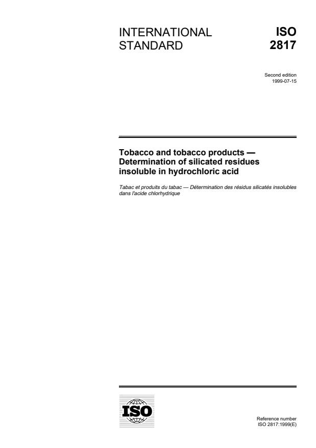 ISO 2817:1999 - Tobacco and tobacco products -- Determination of silicated residues insoluble in hydrochloric acid