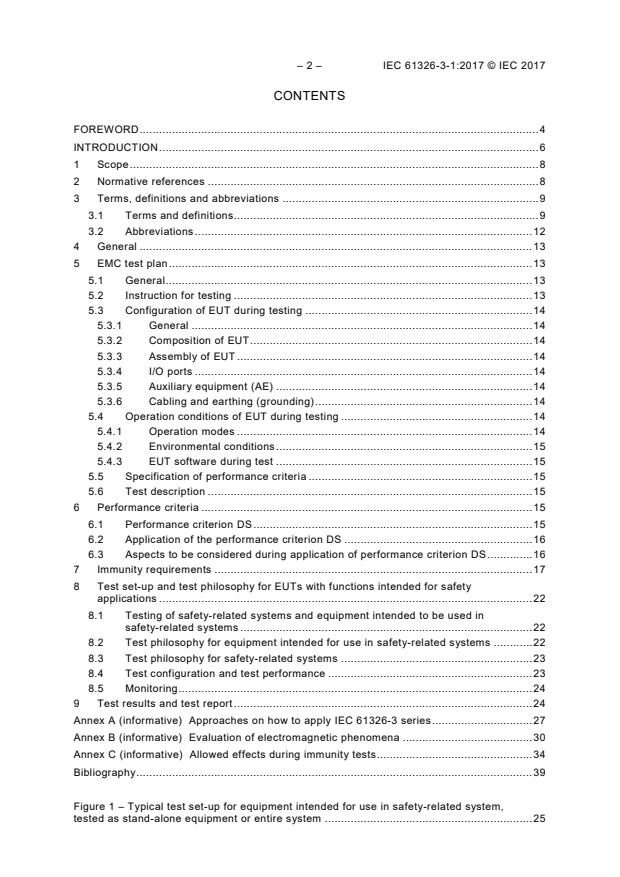 IEC 61326-3-1:2017 IEC 61326-3-1:2017 - Electrical equipment for measurement, control and laboratory use - EMC requirements – Part 3-1: Immunity requirements for safety-related systems and for equipment intended to perform safety-related functions (functional safety) – General industrial applications - Page 4 preview