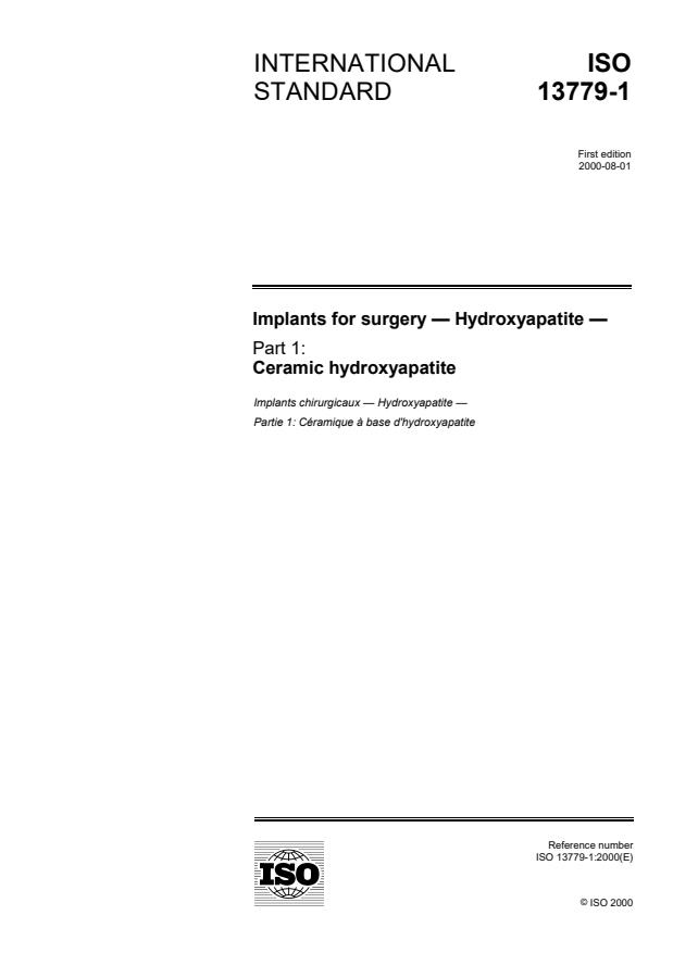 ISO 13779-1:2000 - Implants for surgery -- Hydroxyapatite
