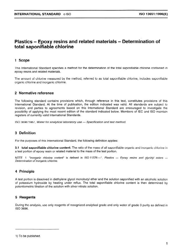 ISO 13651:1996 - Plastics -- Epoxy resins and related materials -- Determination of total saponifiable chlorine