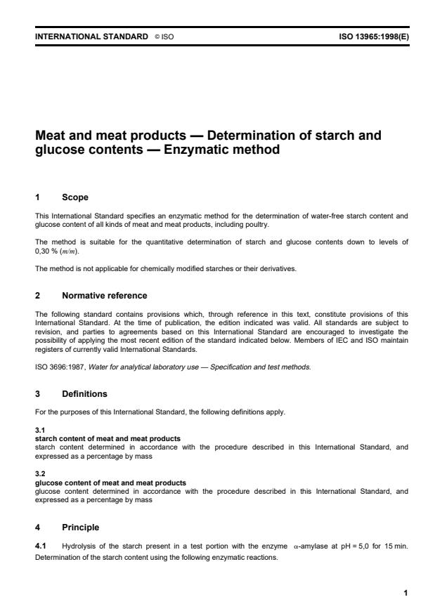 ISO 13965:1998 - Meat and meat products -- Determination of starch and glucose contents -- Enzymatic method