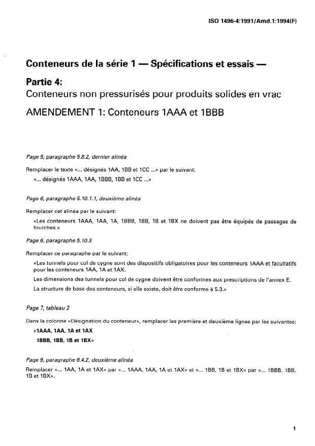 ISO 1496-4:1991/Amd 1:1994 - Conteneurs 1AAA et 1BBB