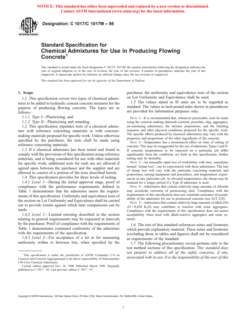 ASTM C1017/C1017M-98 - Standard Specification for Chemical Admixtures for Use in Producing Flowing Concrete
