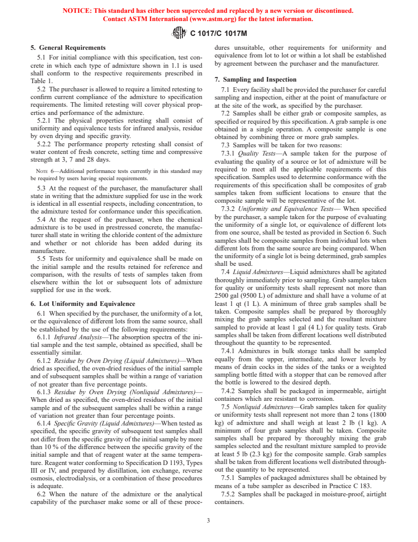 ASTM C1017/C1017M-98 - Standard Specification for Chemical Admixtures for Use in Producing Flowing Concrete