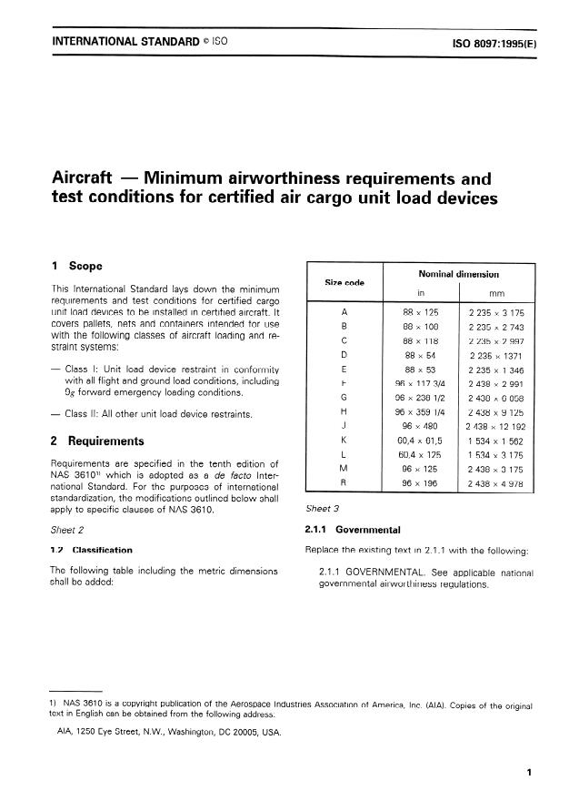 ISO 8097:1995 - Aircraft -- Minimum airworthiness requirements and test conditions for certified air cargo unit load devices