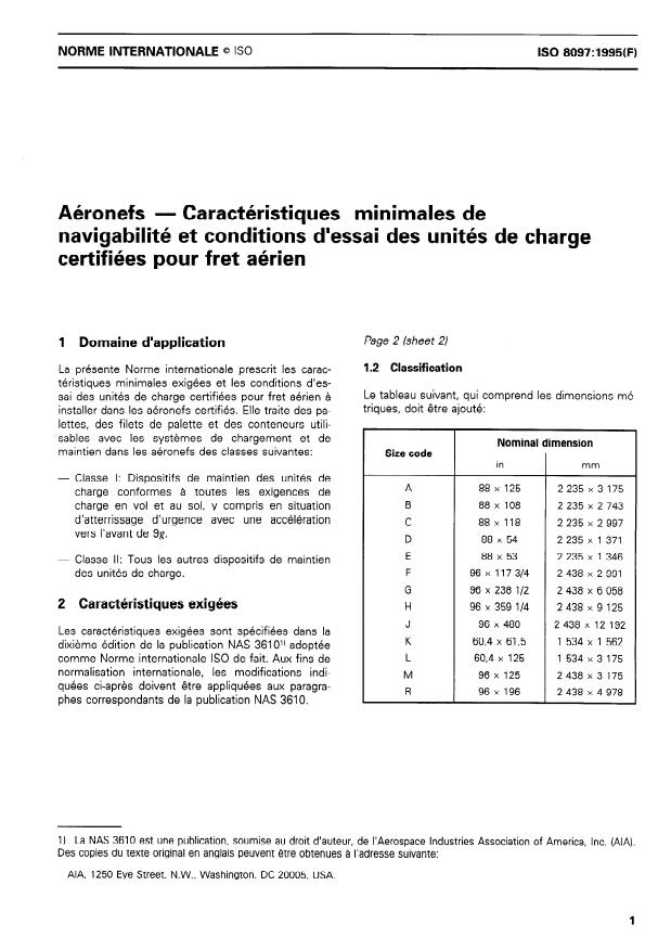 ISO 8097:1995 - Aéronefs -- Caractéristiques minimales de navigabilité et conditions d'essai des unités de charge certifiées pour fret aérien