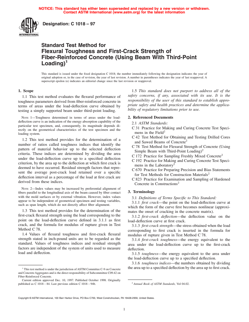 ASTM C1018-97 - Standard Test Method for Flexural Toughness and First-Crack Strength of Fiber-Reinforced Concrete (Using Beam With Third-Point Loading) (Withdrawn 2006)