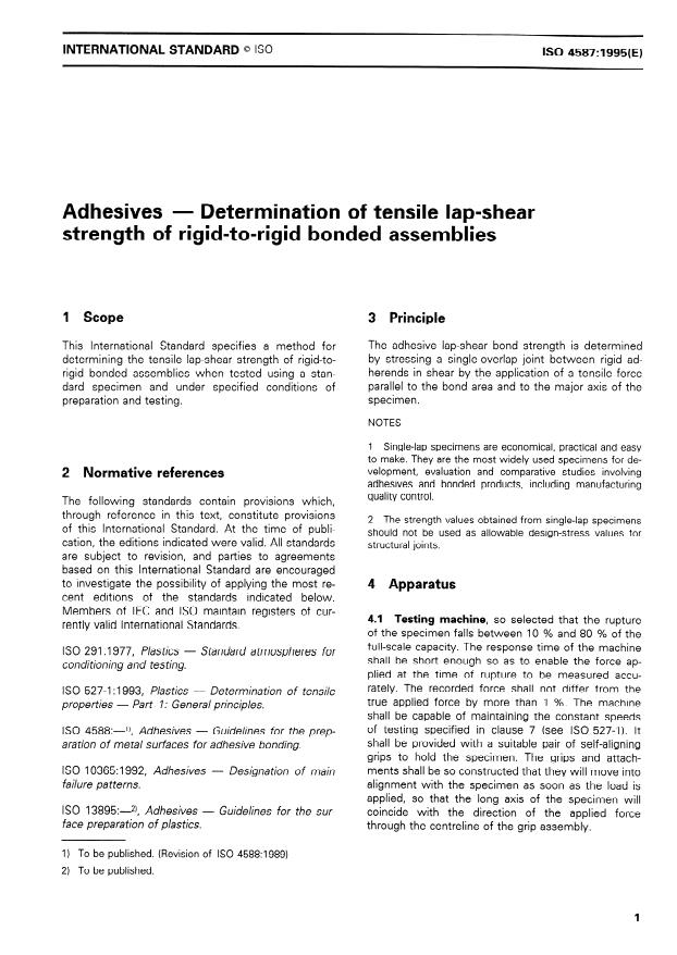 ISO 4587:1995 - Adhesives -- Determination of tensile lap-shear strength of rigid-to-rigid bonded assemblies