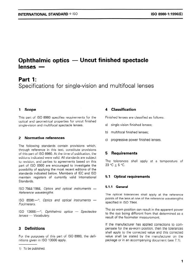 ISO 8980-1:1996 - Ophthalmic optics -- Uncut finished spectacle lenses