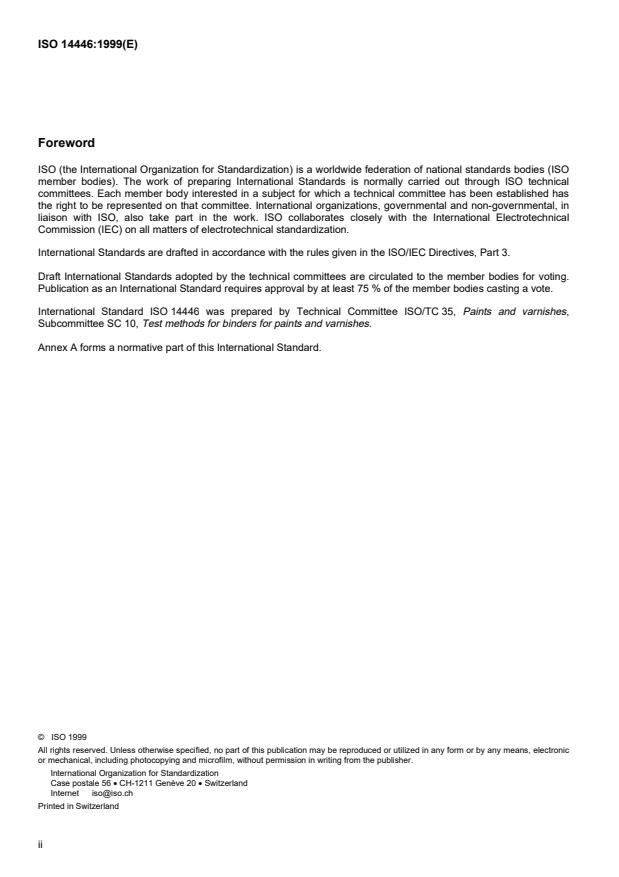 ISO 14446:1999 ISO 14446:1999 - Binders for paints and varnishes -- Determination of the viscosity of industrial cellulose nitrate solutions and classification of such solutions - Page 2 preview