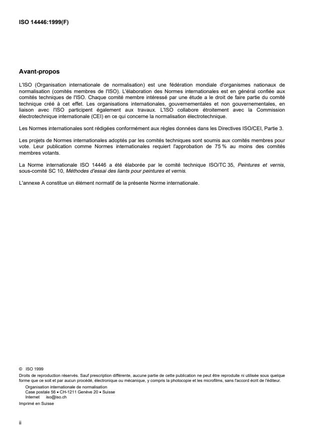 ISO 14446:1999 ISO 14446:1999 - Liants pour peintures et vernis -- Détermination de la viscosité des solutions de nitrate de cellulose industrielles et classification de ces solutions - Page 2 preview