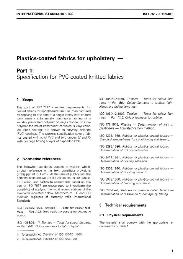 ISO 7617-1:1994 - Plastics-coated fabrics for upholstery