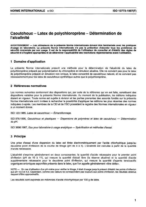 ISO 13773:1997 - Caoutchouc -- Latex de polychloroprene -- Détermination de l'alcalinité
