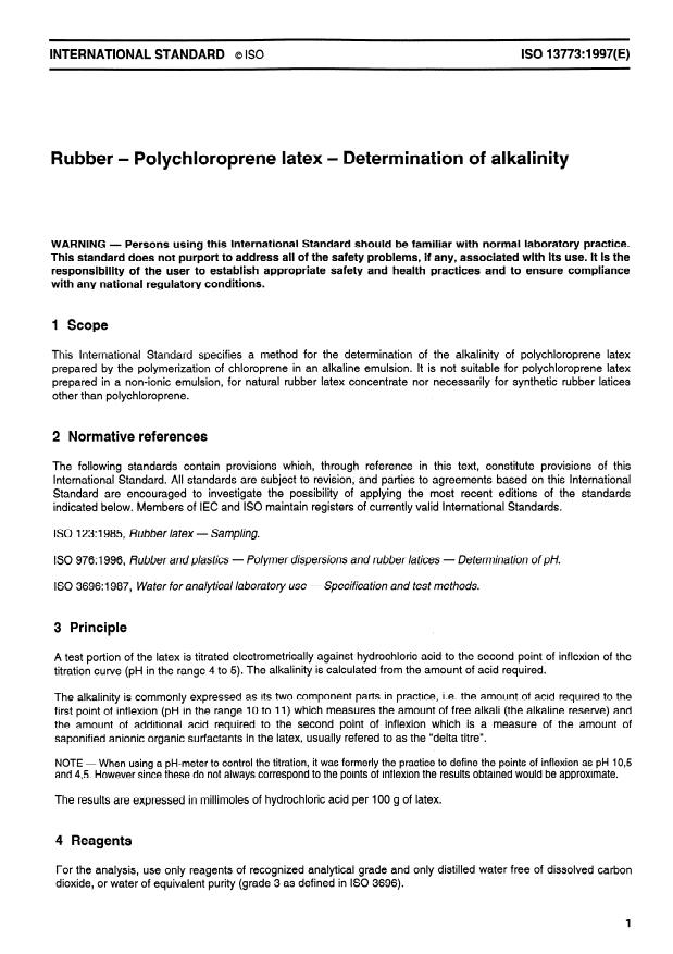 ISO 13773:1997 - Rubber -- Polychloroprene latex -- Determination of alkalinity