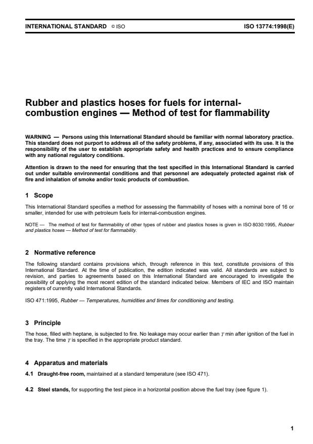 ISO 13774:1998 - Rubber and plastics hoses for fuels for internal-combustion engines -- Method of test for flammability
