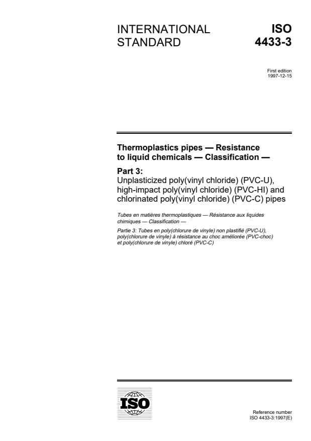 ISO 4433-3:1997 - Thermoplastics pipes -- Resistance to liquid chemicals -- Classification