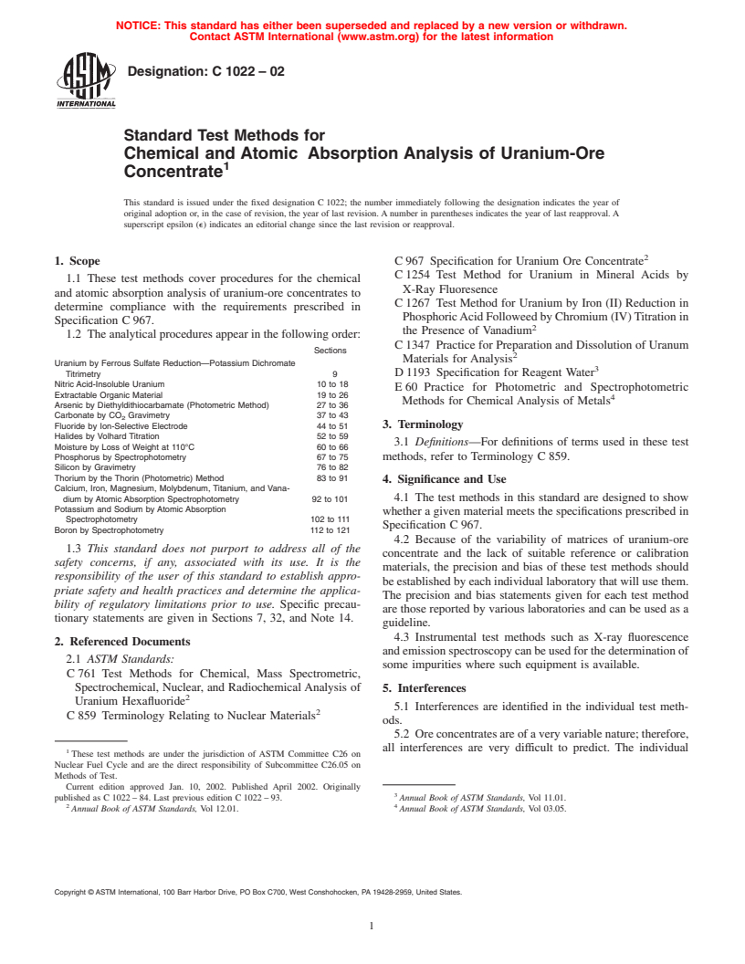 ASTM C1022-02 - Standard Test Methods for Chemical and Atomic Absorption Analysis of Uranium-Ore Concentrate