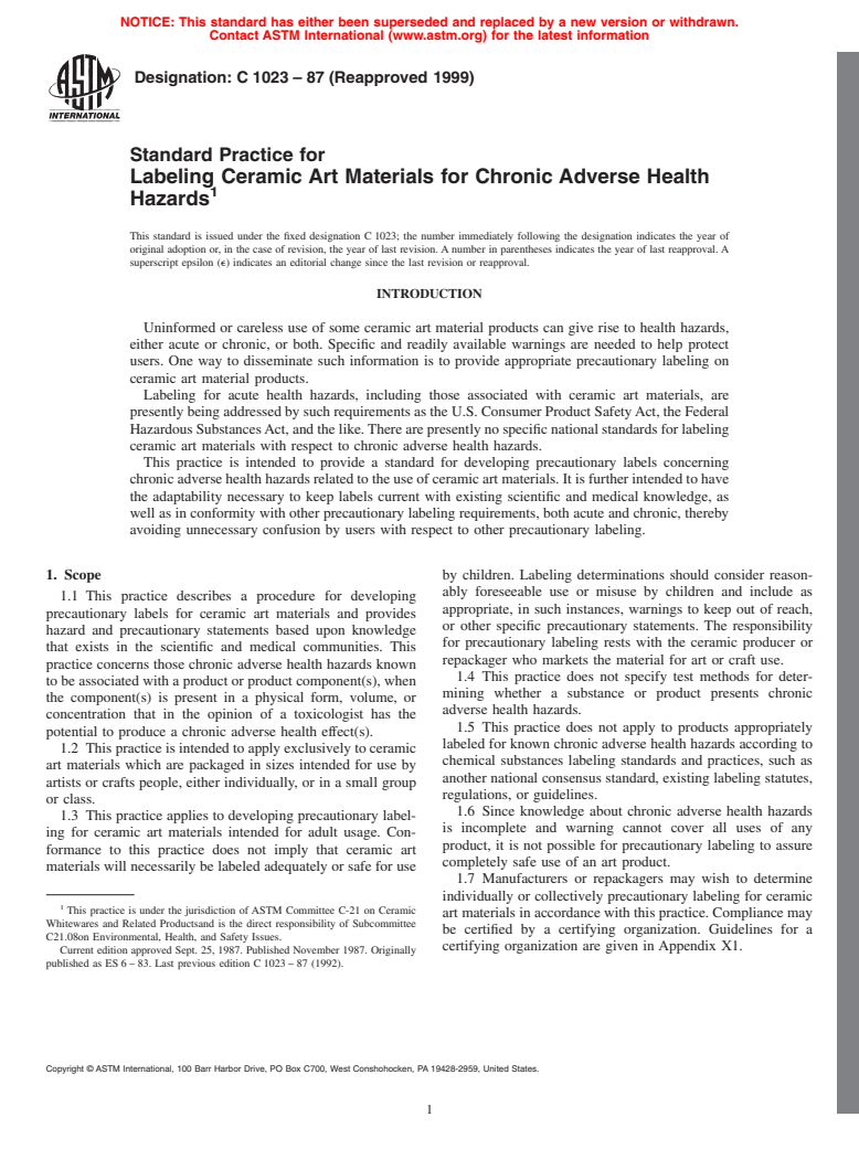 ASTM C1023-87(1999) - Standard Practice for Labeling Ceramic Art Materials for Chronic Adverse Health Hazards (Withdrawn 2008)