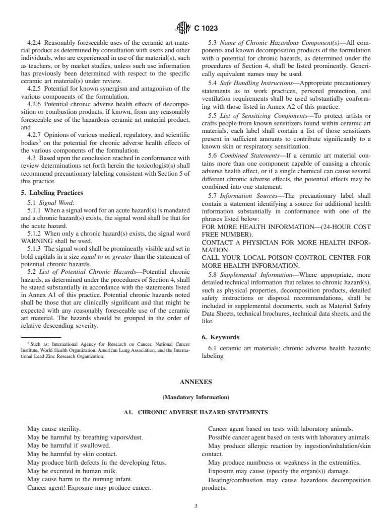 ASTM C1023-87(1999) - Standard Practice for Labeling Ceramic Art Materials for Chronic Adverse Health Hazards (Withdrawn 2008)