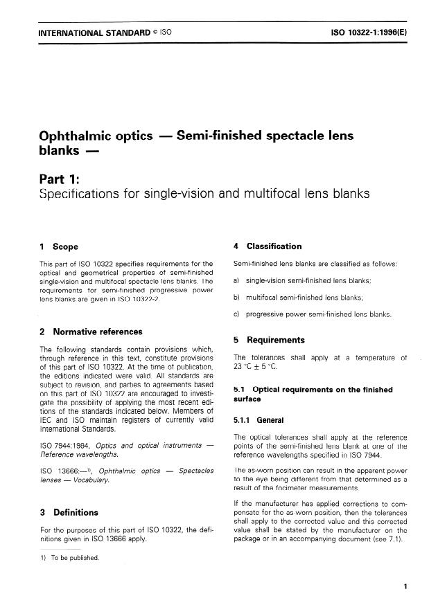ISO 10322-1:1996 - Ophthalmic optics -- Semi-finished spectacle lens blanks