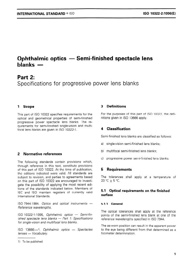 ISO 10322-2:1996 - Ophthalmic optics -- Semi-finished spectacle lens blanks