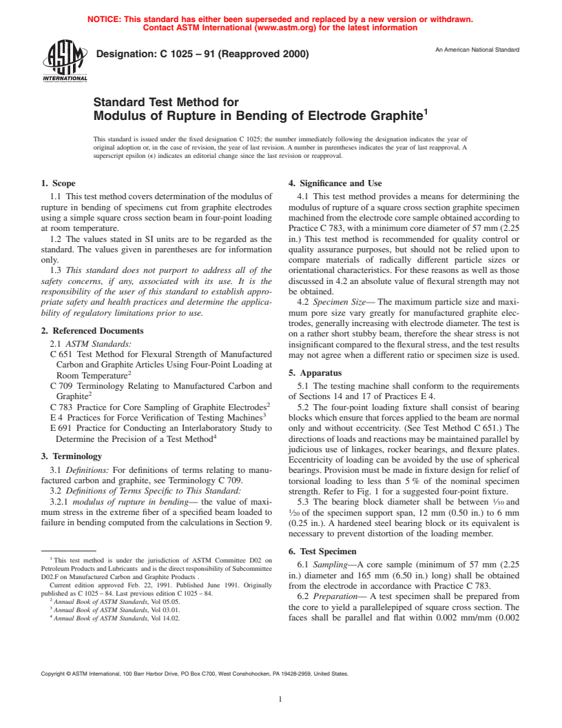 ASTM C1025-91(2000) - Standard Test Method for Modulus of Rupture in Bending of Electrode Graphite