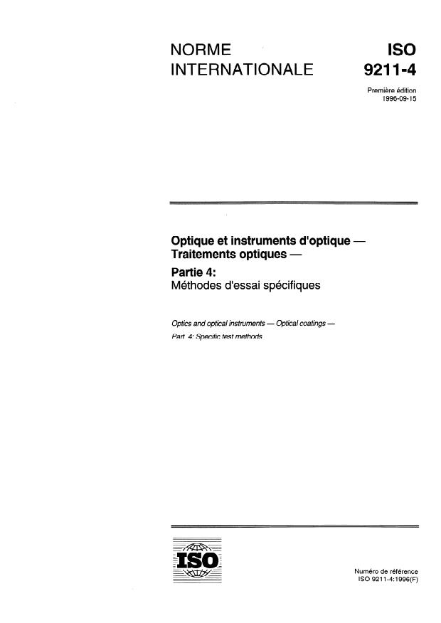 ISO 9211-4:1996 - Optique et instruments d'optique -- Traitements optiques