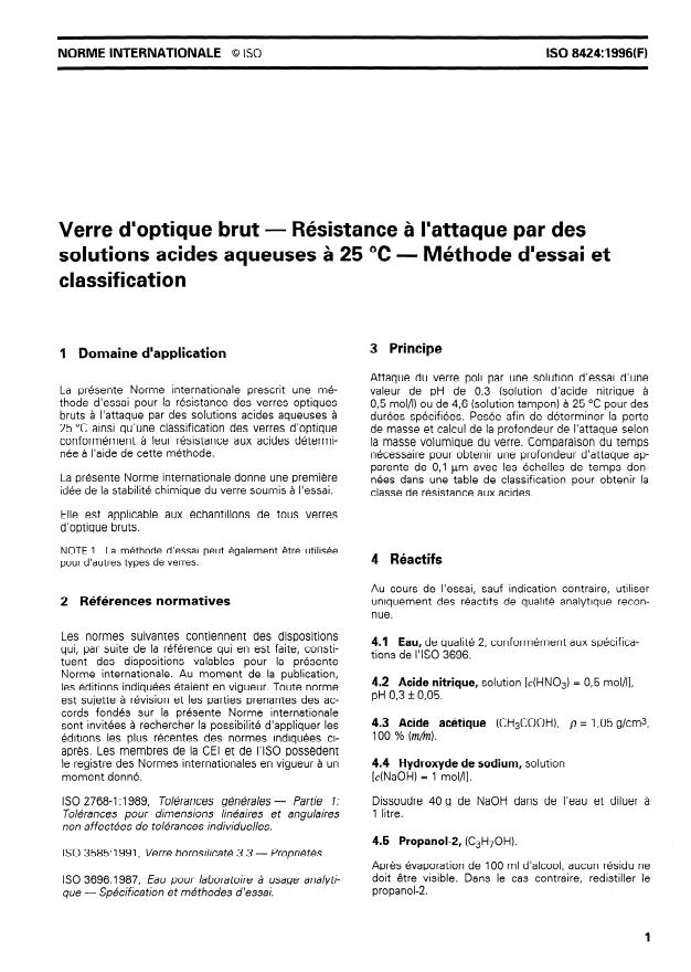 ISO 8424:1996 - Verre d'optique brut -- Résistance a l'attaque par des solutions acides aqueuses a 25 degrés C --  Méthode d'essai et classification