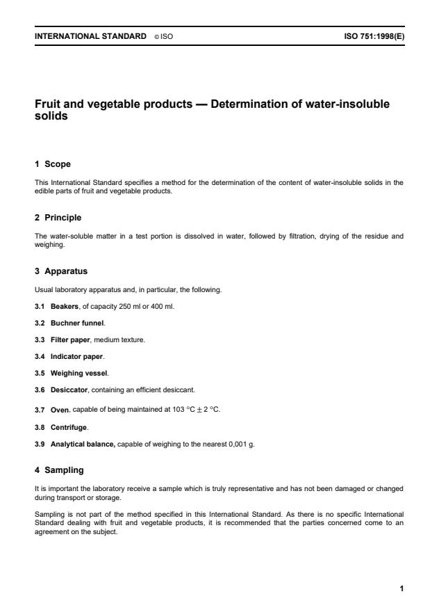 ISO 751:1998 - Fruit and vegetable products -- Determination of water-insoluble solids