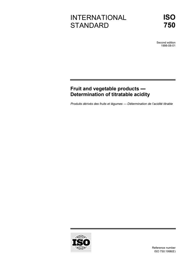 ISO 750:1998 - Fruit and vegetable products -- Determination of titratable acidity