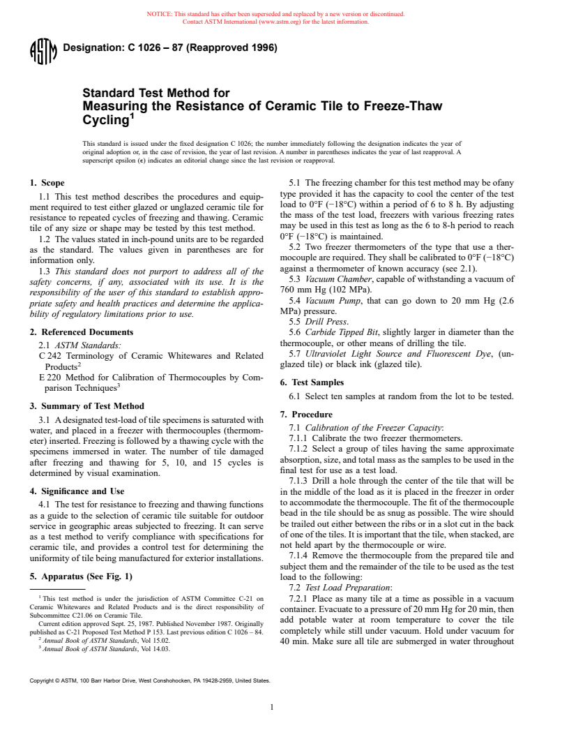 ASTM C1026-87(1996) - Standard Test Method for Measuring the Resistance of Ceramic Tile to Freeze-Thaw Cycling