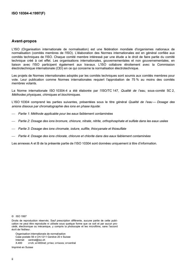 ISO 10304-4:1997 ISO 10304-4:1997 - Qualité de l'eau -- Dosage des anions dissous par chromatographie des ions en phase liquide - Page 2 preview