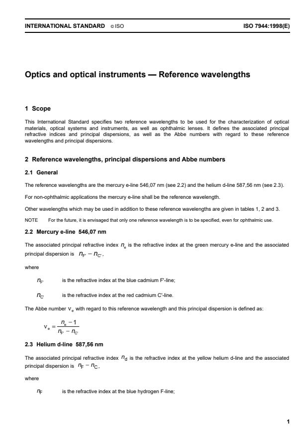 ISO 7944:1998 - Optics and optical instruments -- Reference wavelengths