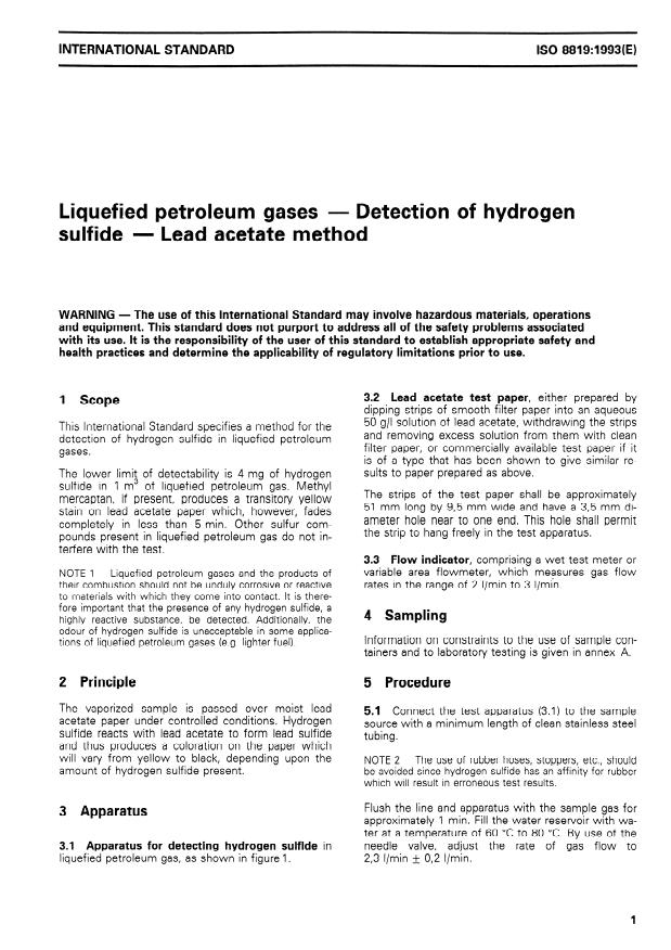 ISO 8819:1993 - Liquefied petroleum gases -- Detection of hydrogen sulfide -- Lead acetate method