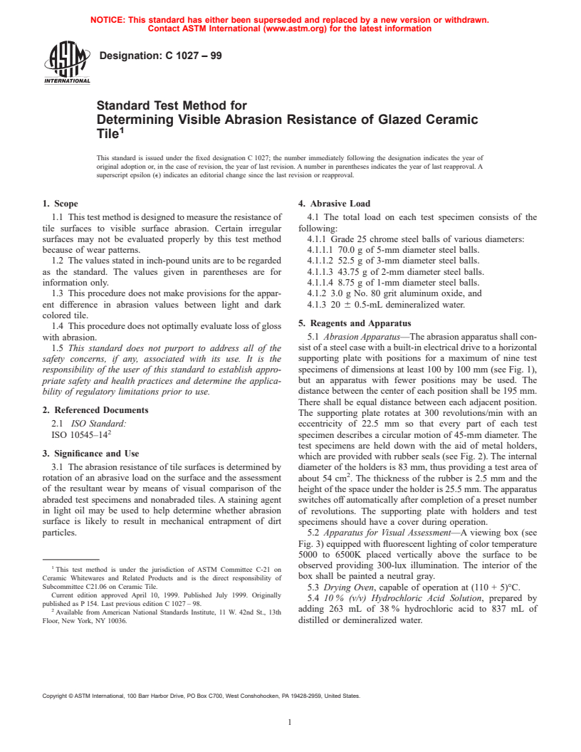 ASTM C1027-99 - Standard Test Method for Determining Visible Abrasion Resistance of Glazed Ceramic Tile