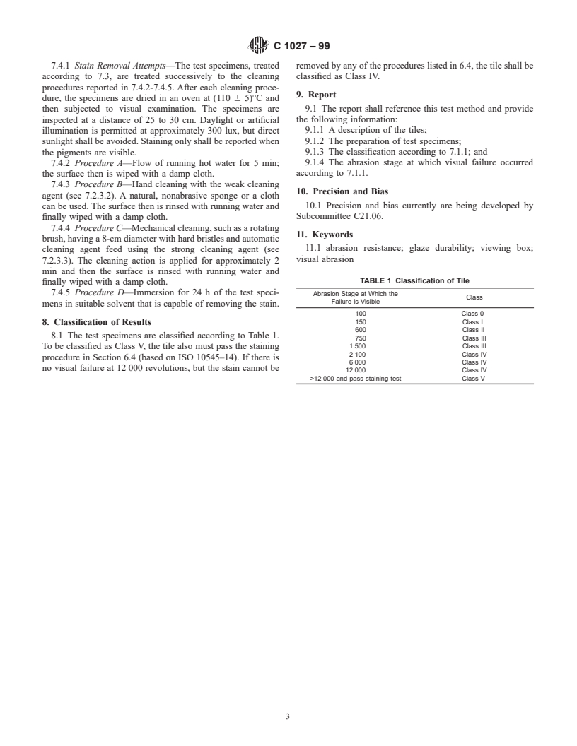 ASTM C1027-99 - Standard Test Method for Determining Visible Abrasion Resistance of Glazed Ceramic Tile