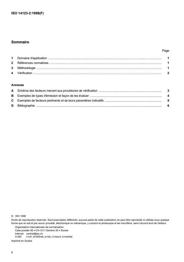 ISO 14123-2:1998 ISO 14123-2:1998 - Sécurité des machines -- Réduction des risques pour la santé résultant de substances dangereuses émises par des machines - Page 2 preview