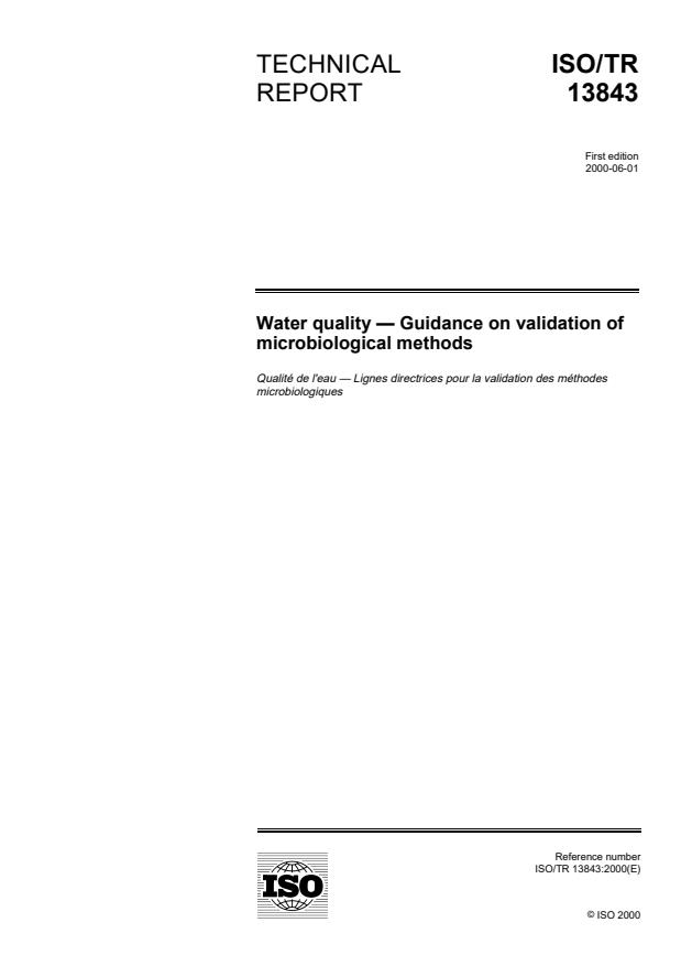 ISO/TR 13843:2000 - Water quality -- Guidance on validation of microbiological methods