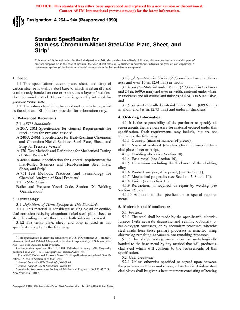 ASTM A264-94a(1999) - Standard Specification for Stainless Chromium-Nickel Steel-Clad Plate, Sheet, and Strip