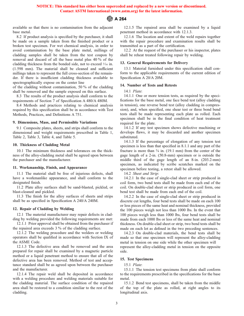 ASTM A264-94a(1999) - Standard Specification for Stainless Chromium-Nickel Steel-Clad Plate, Sheet, and Strip