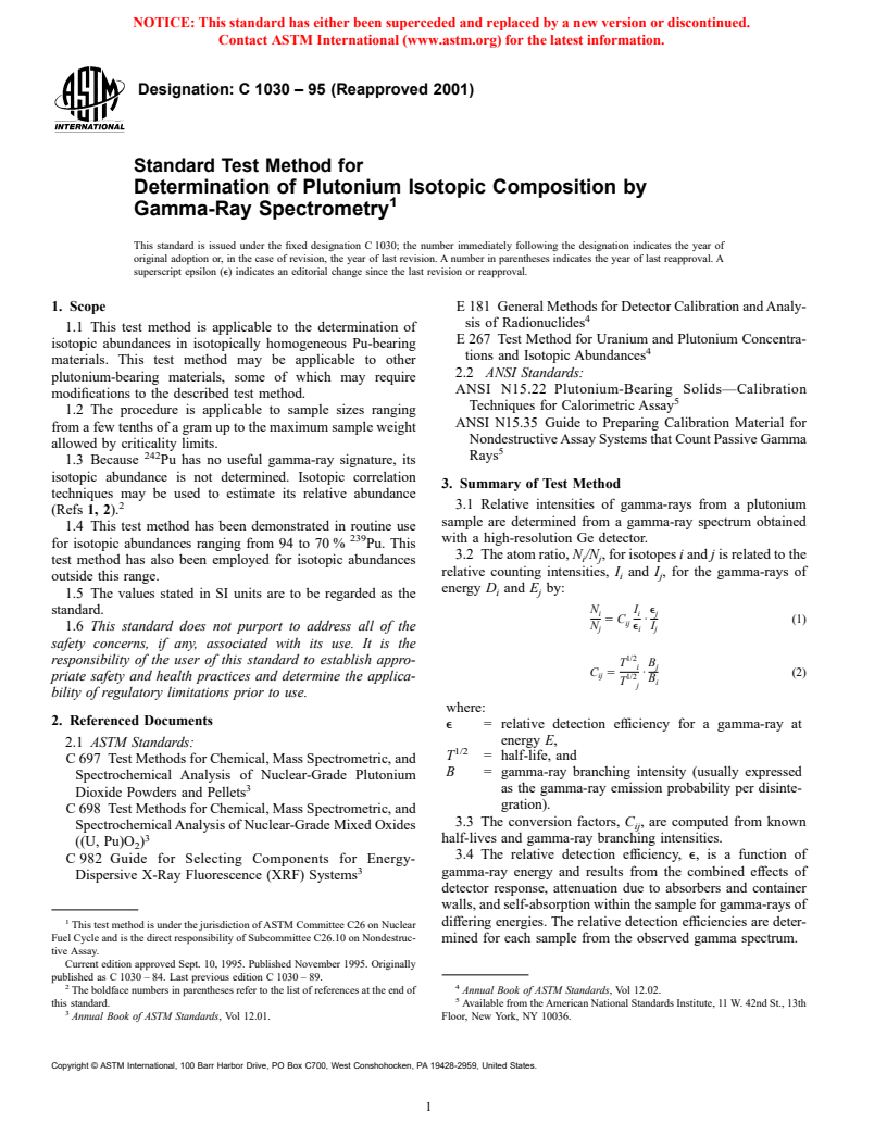 ASTM C1030-95(2001) - Standard Test Method for Determination of Plutonium Isotopic Composition by Gamma-Ray Spectrometry