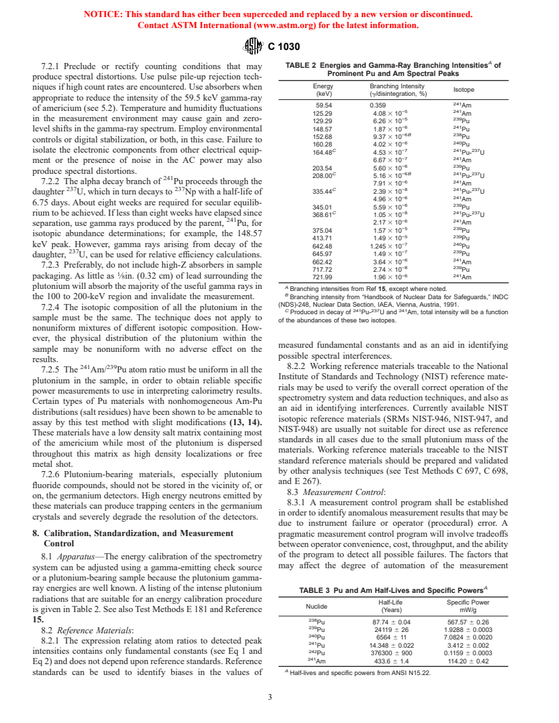 ASTM C1030-95(2001) - Standard Test Method for Determination of Plutonium Isotopic Composition by Gamma-Ray Spectrometry