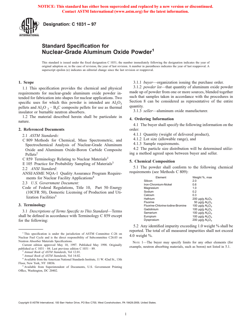 ASTM C1031-97 - Standard Specification for Nuclear-Grade Aluminum Oxide Powder