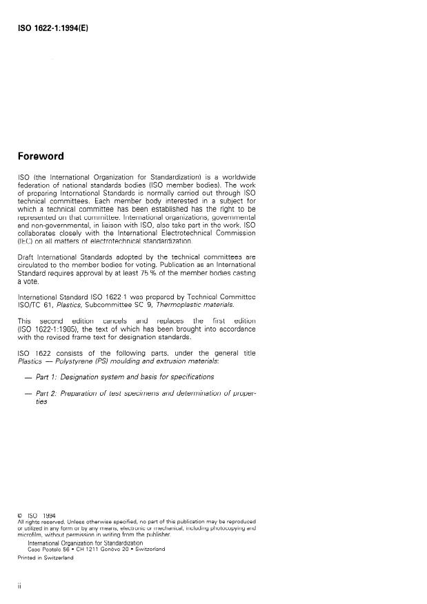ISO 1622-1:1994 ISO 1622-1:1994 - Plastics -- Polystyrene (PS) moulding and extrusion materials - Page 2 preview