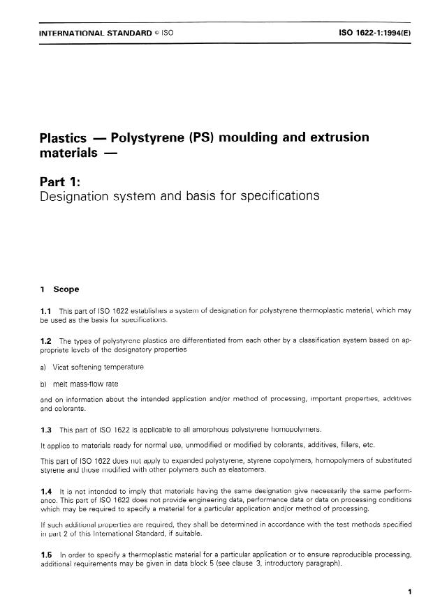 ISO 1622-1:1994 - Plastics -- Polystyrene (PS) moulding and extrusion materials